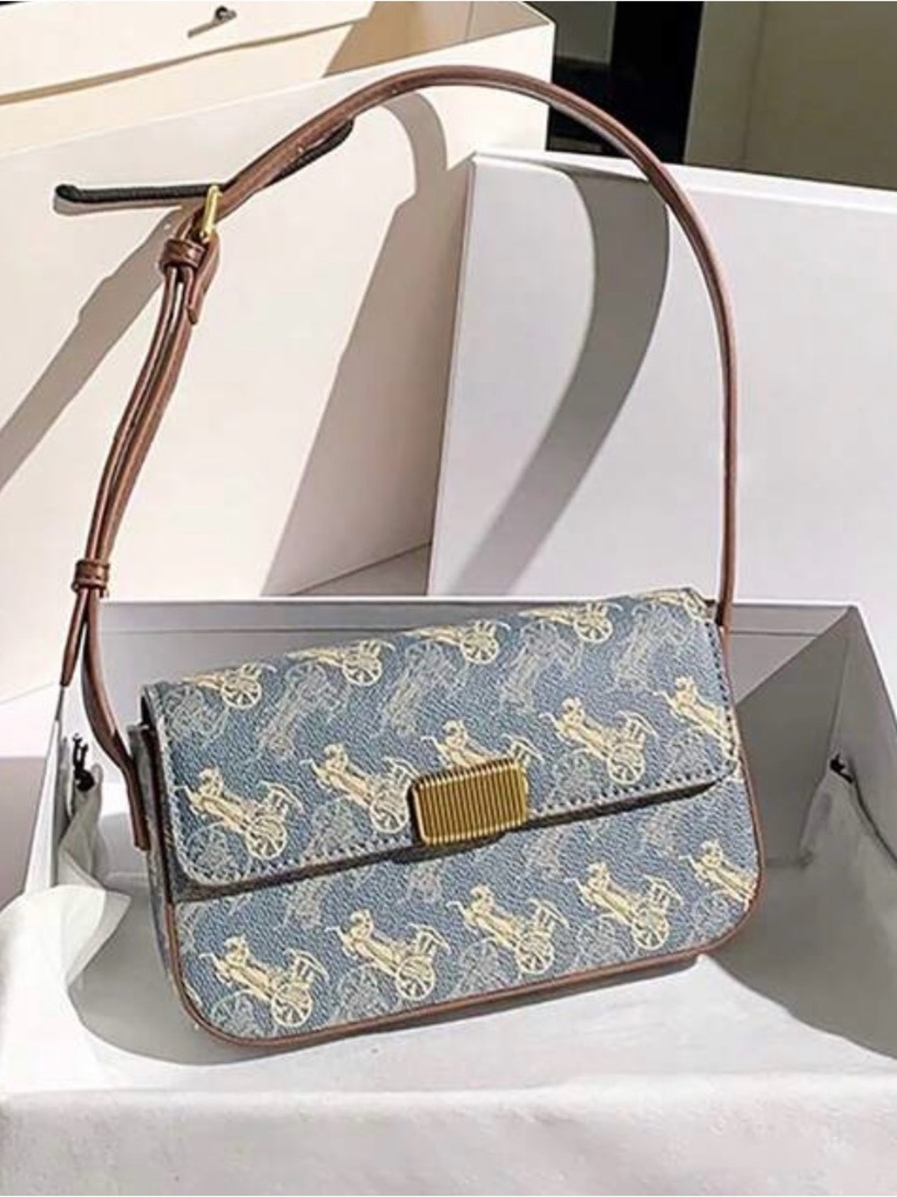 Vintage Blue Patterned Shoulder Bag with Brown Strap